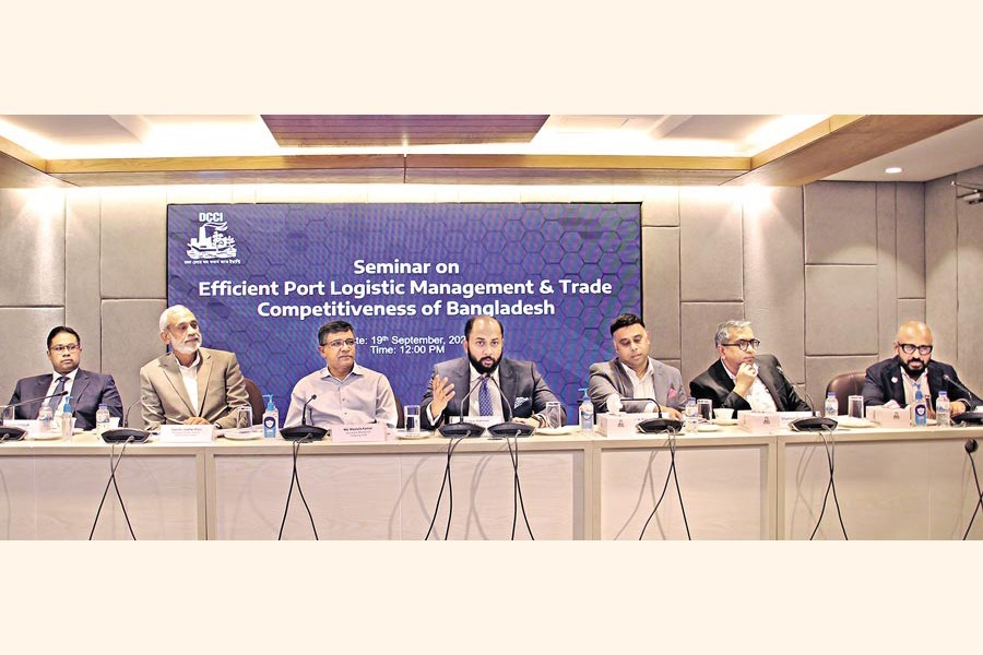 Dhaka Chamber of Commerce and Industry (DCCI) President Rizwan Rahman (4th from right) speaking at the seminar on 'Efficient port logistics management & trade competitiveness of Bangladesh' held in the city on Monday with Shipping Secretary Md Mostafa Kamal addressing it as the chief guest.