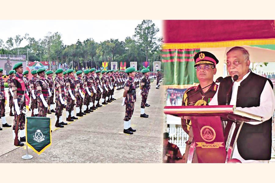 Home Minister Asaduzzaman Khan Kamal speaking at a passing out parade ceremony of the freshly trained soldiers of Border Guard Bangladesh at the Bir Uttam Mojibur Rahman Parade Ground at Baitul Izzat under Satkania Upazila in Chattogram on Thursday — BGB