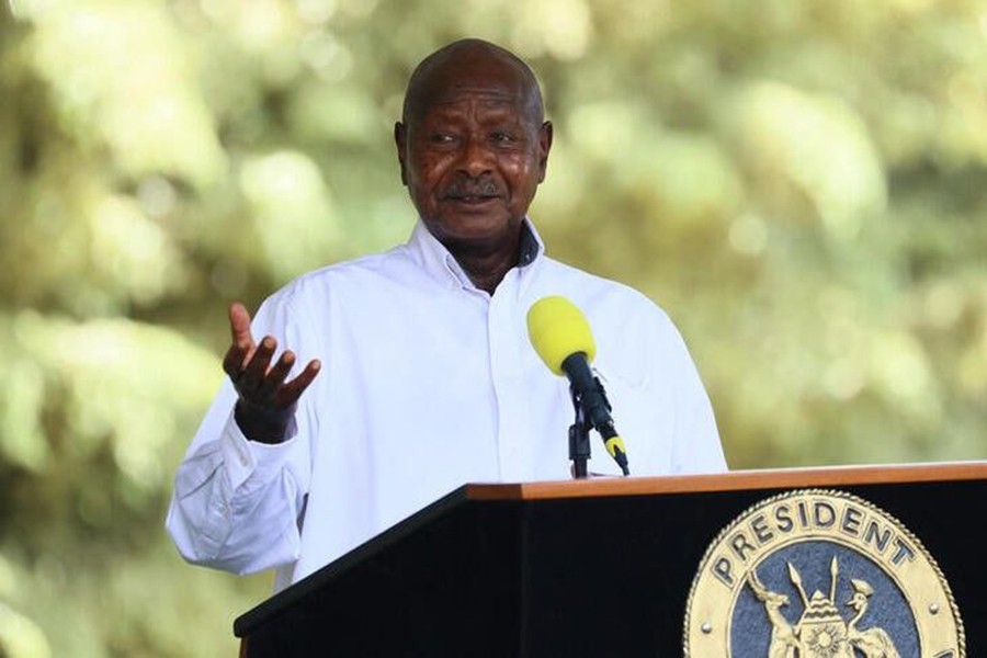 Ugandan President Yoweri Museveni attends a news conference following talks with Russian Foreign Minister Sergei Lavrov in Entebbe, Uganda July 26, 2022. Russian Foreign Ministry/Handout via REUTERS