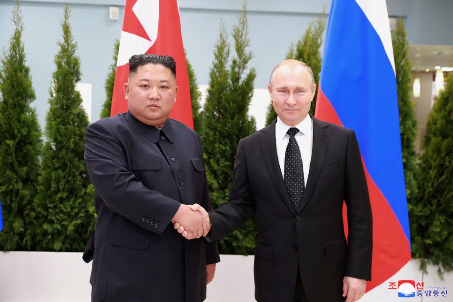 North Korean leader Kim Jong Un shakes hands with Russian President Vladimir Putin in Vladivostok, Russia in this undated photo released on April 25, 2019 by North Korea's Central News Agency (KCNA). KCNA via REUTERS