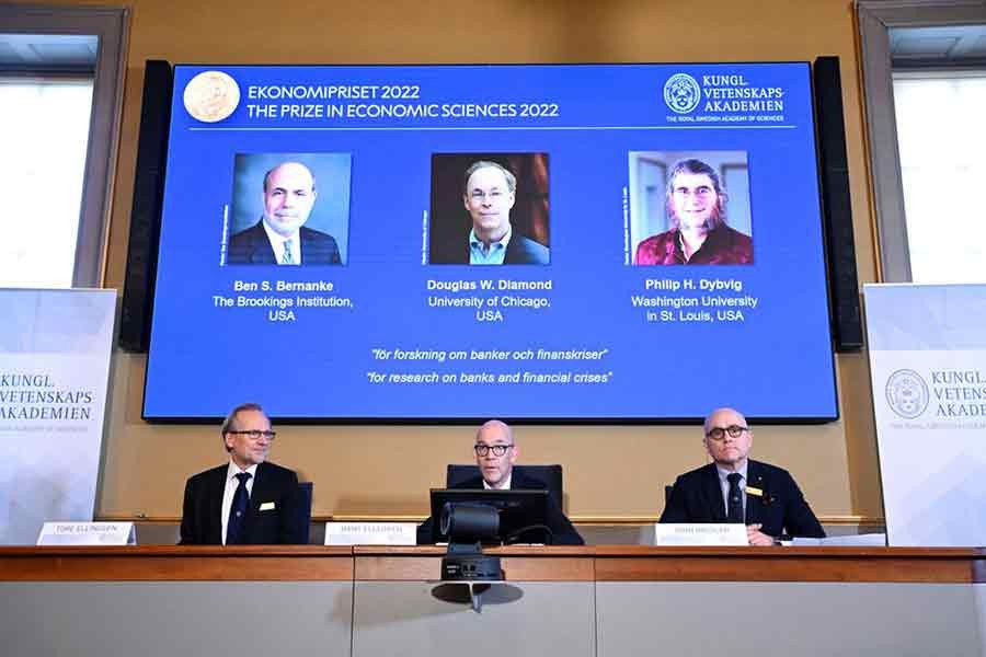 Members of the Royal Swedish Academy of Sciences announcing the 2022 Nobel Prize for Economic Sciences during a news conference at the Royal Swedish Academy of Sciences in Stockholm on Monday –Reuters photo