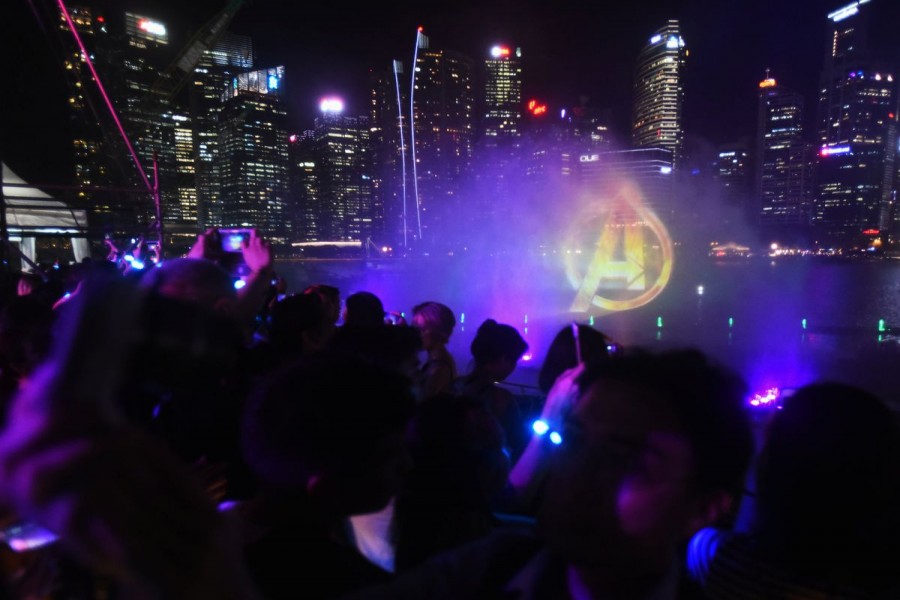 The Avengers logo is projected with the Singapore CBD skyline in the background, at a fan event for Marvel Studio's Avengers: Infinity War movie, in Singapore April 16, 2018. REUTERS/Feline Lim