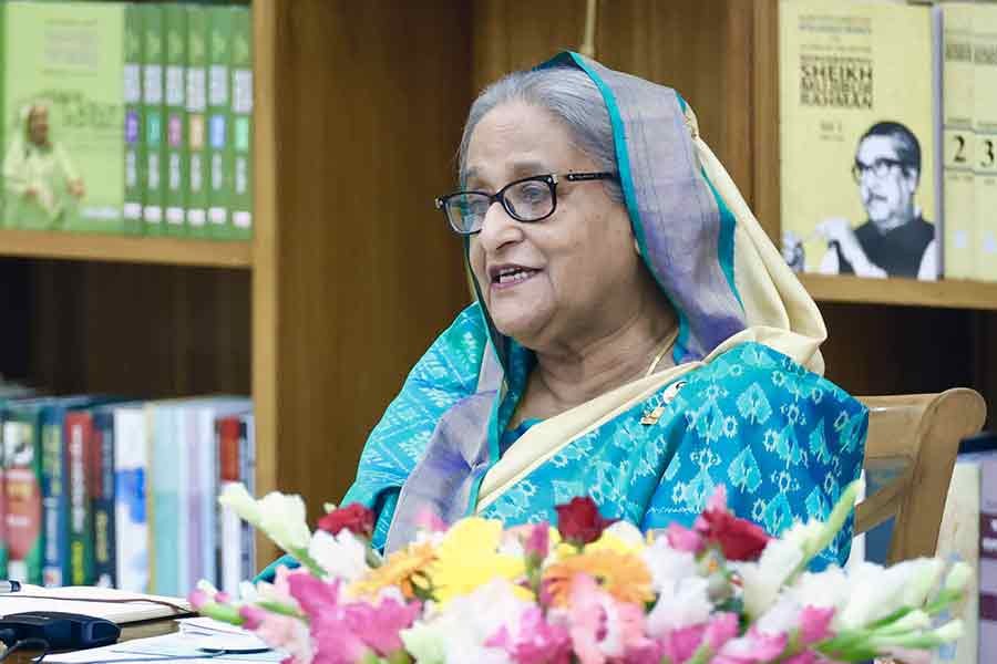 Prime Minister Sheikh Hasina addressing a programme organised to hand over Bangabandhu Jatiya Krishi Puroshkar-1425 and 1426 (Bangla year), from Ganabhaban on Wednesday –PID Photo