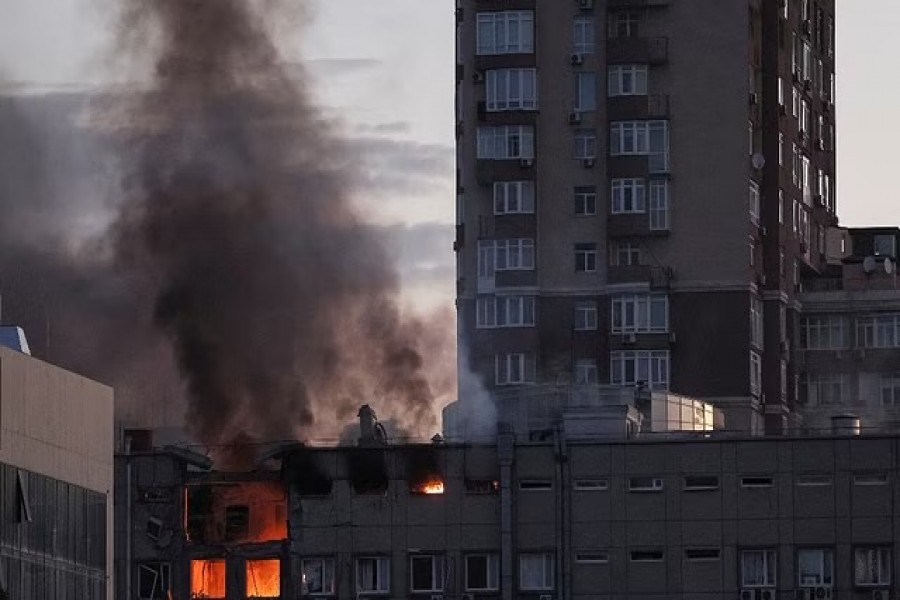 Smoke rises after a Russian drone strike, which local authorities consider to be Iranian-made unmanned aerial vehicles (UAVs) Shahed-136, amid Russia's attack on Ukraine, in Kyiv, Ukraine Oct 17, 2022. REUTERS