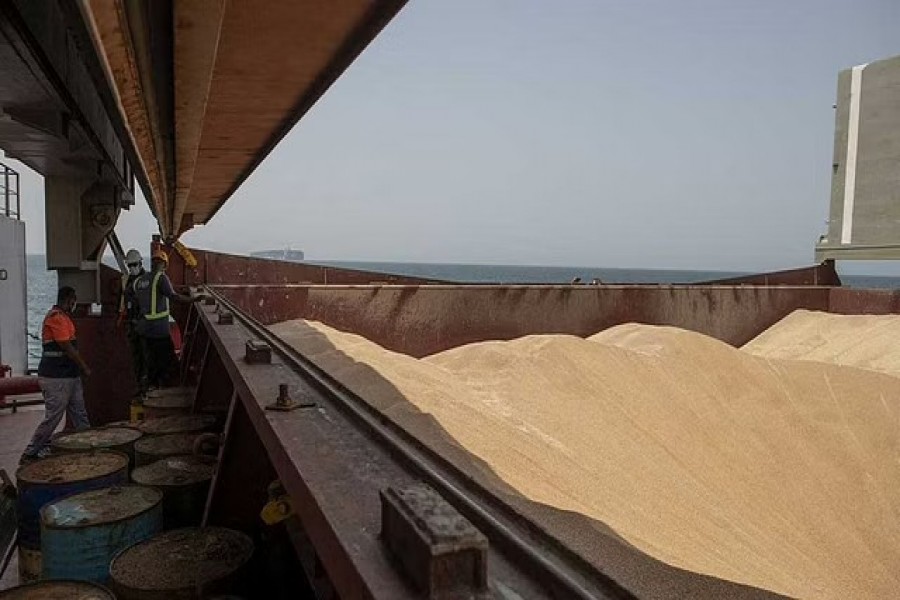 Wheat grain is seen on the MV Brave Commander vessel from Yuzhny Port in Ukraine to the drought-stricken Horn of Africa as it docks at port of Djibouti in Djibouti August 30, 2022. World Food Programme via REUTERS