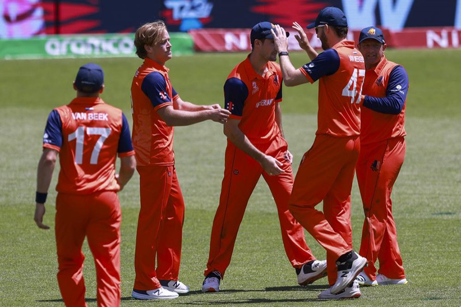 Netherlands players celebrate after defeating South Africa in their T20 World Cup cricket match in Adelaide, Australia, Sunday on November 6, 2022 — AP photo