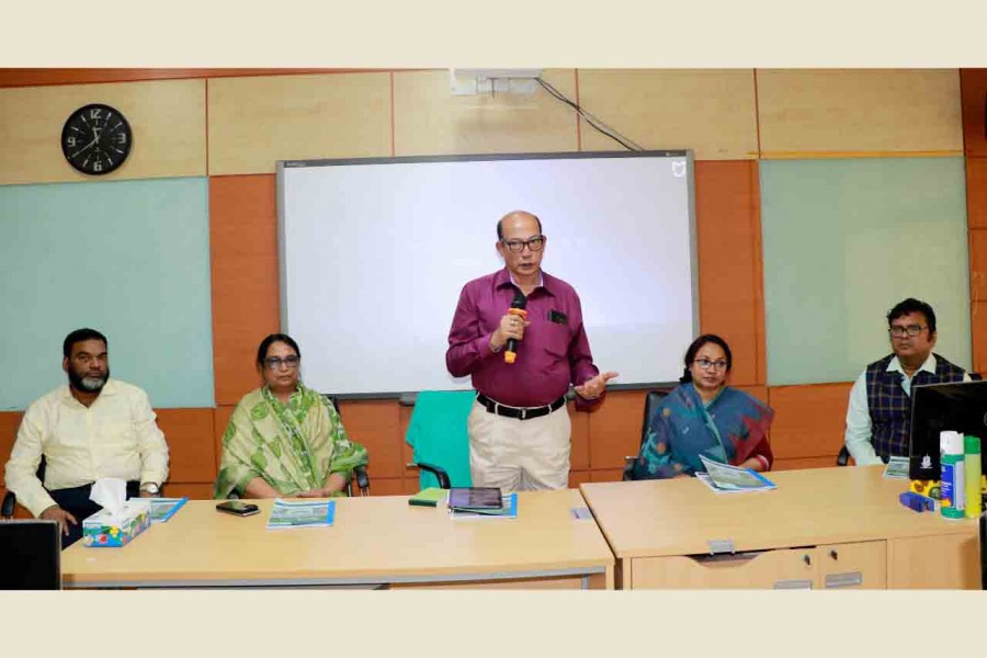 Vice Chancellor of Bangladesh Open University (BOU) Professor Dr. Syed Humayun Akhter speaks at the launching ceremony of a newly designed Learning Management System on Monday. Pro Vice Chancellors Professor Dr. Nasim Banu (administration), Professor Dr. Mahbuba Nasreen (academic), and Treasurer Professor Mostafa Azad Kamal, also Dean of the School of Business, among others, present during the event.