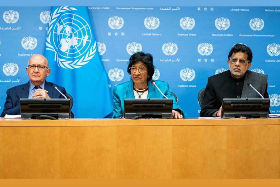 Members of the United Nations Independent International Commission of Inquiry on the Occupied Palestinian Territory, including East Jerusalem, and in Israel, Navanethem Pillay, Miloon Kothari and Chris Sidoti attend a press briefing at the United Nations headquarters in New York, US on October 27, 2022 — Reuters/Files