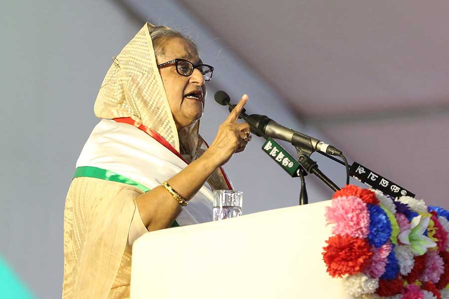 Prime Minister Sheikh Hasina addressing Jubo League’s golden jubilee rally in Dhaka’s Suhrawardy Udyan on Friday –PID Photo