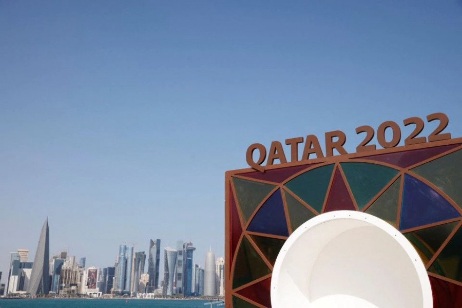 A Qatar 2022 logo is seen in front of the skyline of the West Bay in Doha, Qatar on November 10, 2022 — Reuters photo