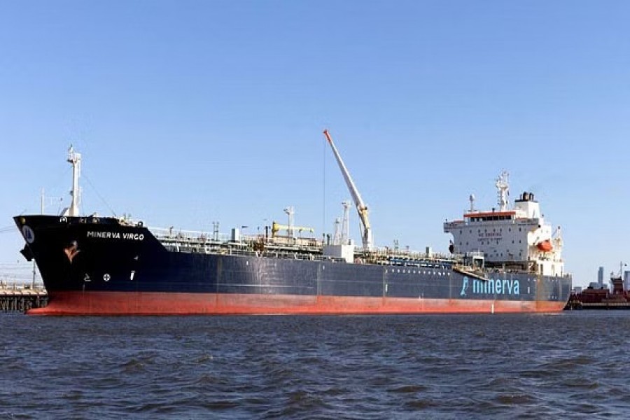 The oil tanker Minerva Virgo, docked at the oil terminal, is seen after leaving a Russian port around the time that nation invaded Ukraine in late February. New Jersey, US, March 22, 2022. REUTERS