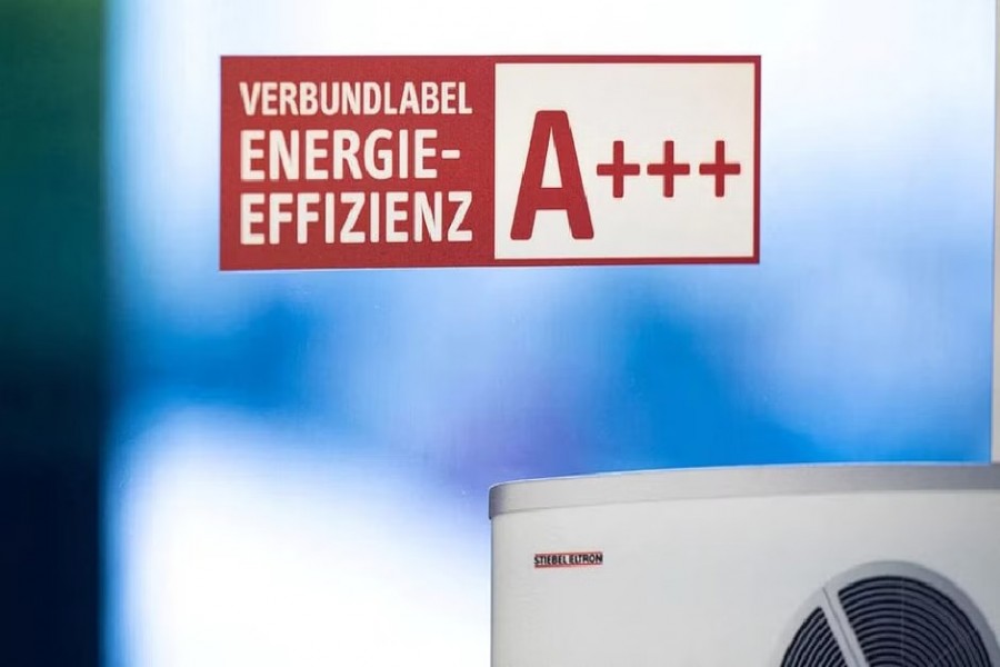 A view of an energy efficiency sticker at the Stiebel Eltron factory in Holzminden, Germany, Aug 11, 2022. REUTERS