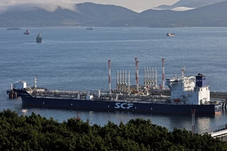 An aerial view shows the Vladimir Arsenyev tanker at the crude oil terminal Kozmino on the shore of Nakhodka Bay near the port city of Nakhodka, Russia August 12, 2022. REUTERS