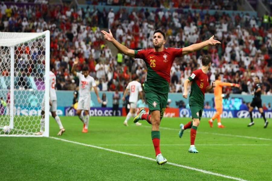 Portugal's Goncalo Ramos celebrates scoring their fifth goal and his hat-trick. REUTERS/Hannah Mckay