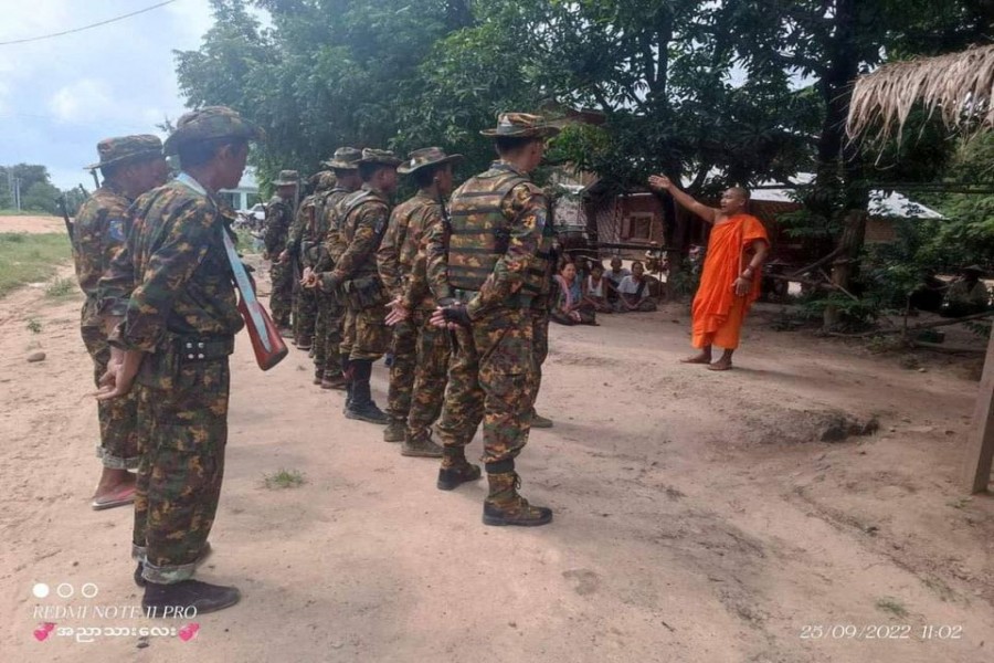 An undated handout picture shows Wathawa, a pro-junta monk, addressing crowds. Chindwin News Agency/Handout via REUTERS