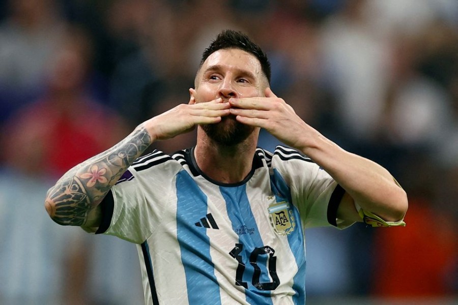 Argentina's Lionel Messi celebrates after Julian Alvarez scores their third goal against Croatia at Lusail Stadium in Lusail, Qatar on December 13, 2022 — Reuters photo