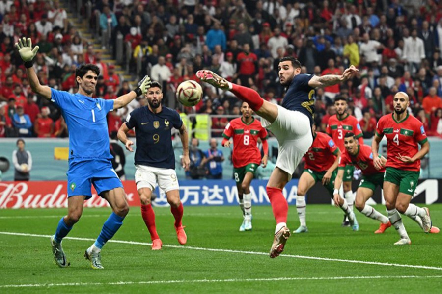 France's Theo Hernandez scores their first goal Morocco in second Semi Final of FIFA World Cup Qatar 2022 at Al Bayt Stadium in Al Khor, Qatar on December 14, 2022 — Reuters photo