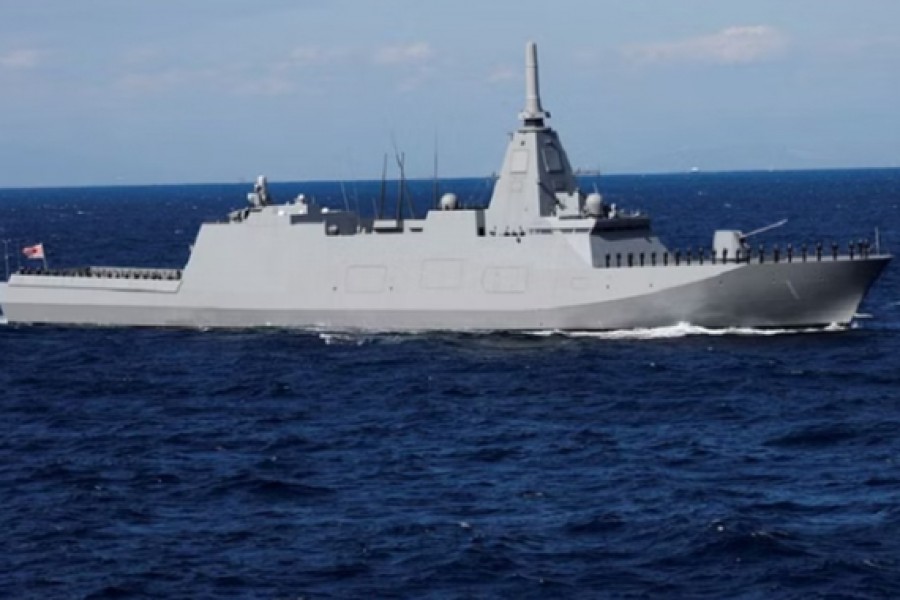 Japan's Maritime Self-Defense Force's (JMSDF) JS Mogami (FFM-1), a Japanese multi-mission stealth frigate, takes part in the International Fleet Review to commemorate the 70th anniversary of the foundation of JMSDF, at Sagami Bay, off Yokosuka, south of Tokyo, Japan, Nov 6, 2022. REUTERS