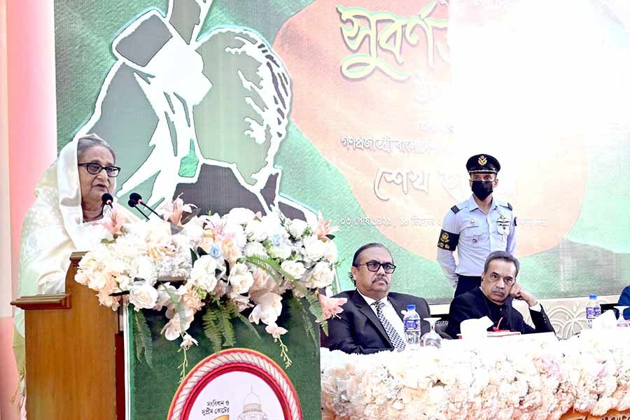 Prime Minister Sheikh Hasina addressing a programme marking the Golden Jubilee anniversary of Bangladesh Supreme Court on Sunday –PID Photo