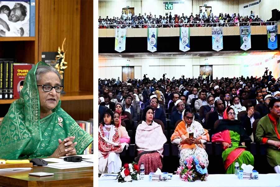 Prime Minister Sheikh Hasina addressing the ceremony of the 25th University Day of the Bangabandhu Sheikh Mujibur Rahman Agricultural University (BSMRAU) and the inaugural event of the Technology Exhibition virtually from Ganabhaban on Monday –PID Photo