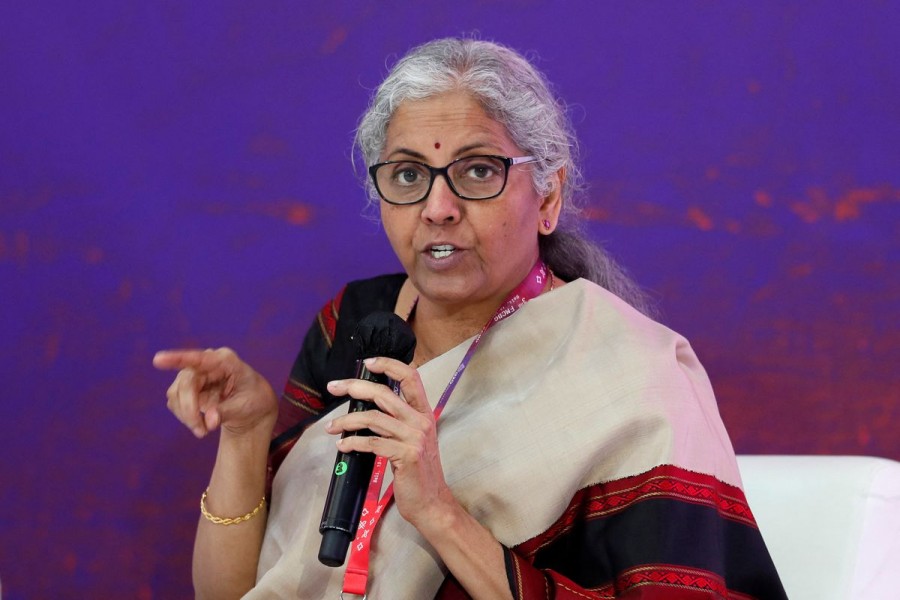 Indian Finance Minister Nirmala Sitharaman speaks during a side event on the G20 Finance Ministers and Central Bank Governors Meeting in Nusa Dua, Bali, Indonesia, 14 July 2022. Made Nagi/Pool via REUTERS