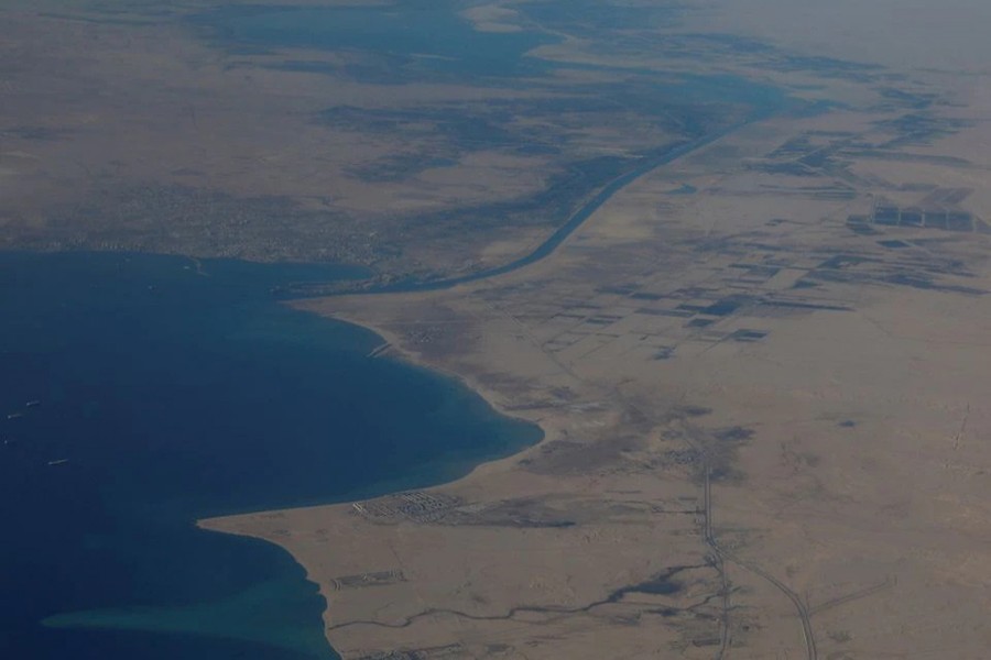 An aerial view of the Gulf of Suez and the Suez Canal are pictured through the window of an airplane on a flight between Cairo and Doha, Egypt on November 27, 2021 — Reuters/Files