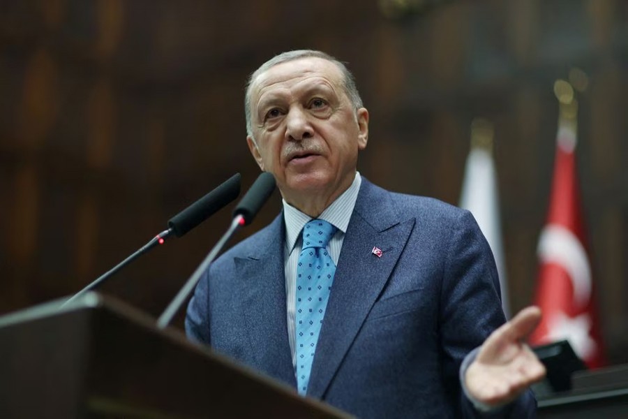 Turkish President Tayyip Erdogan addresses lawmakers of his AK Party during a meeting in parliament in Ankara, Turkey on January 18, 2023 — Presidential Press Office/Handout via REUTERS