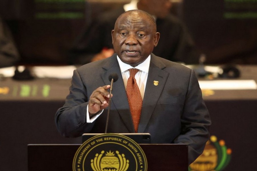 South African President Cyril Ramaphosa speaks during his 2023 state of the nation address in Cape Town, South Africa, February 9, 2023. REUTERS/Esa Alexander/Pool