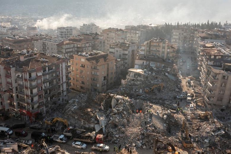 An aerial view shows damaged and collapsed buildings, in the aftermath of a deadly earthquake in Hatay on Turkey, February 10 — Reuters photo